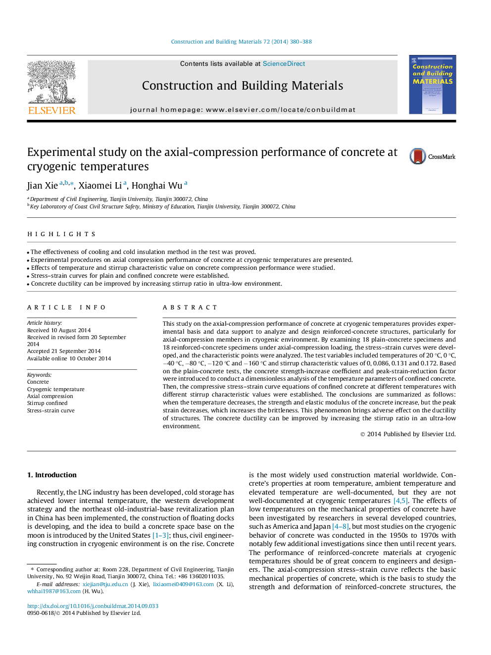 Experimental study on the axial-compression performance of concrete at cryogenic temperatures