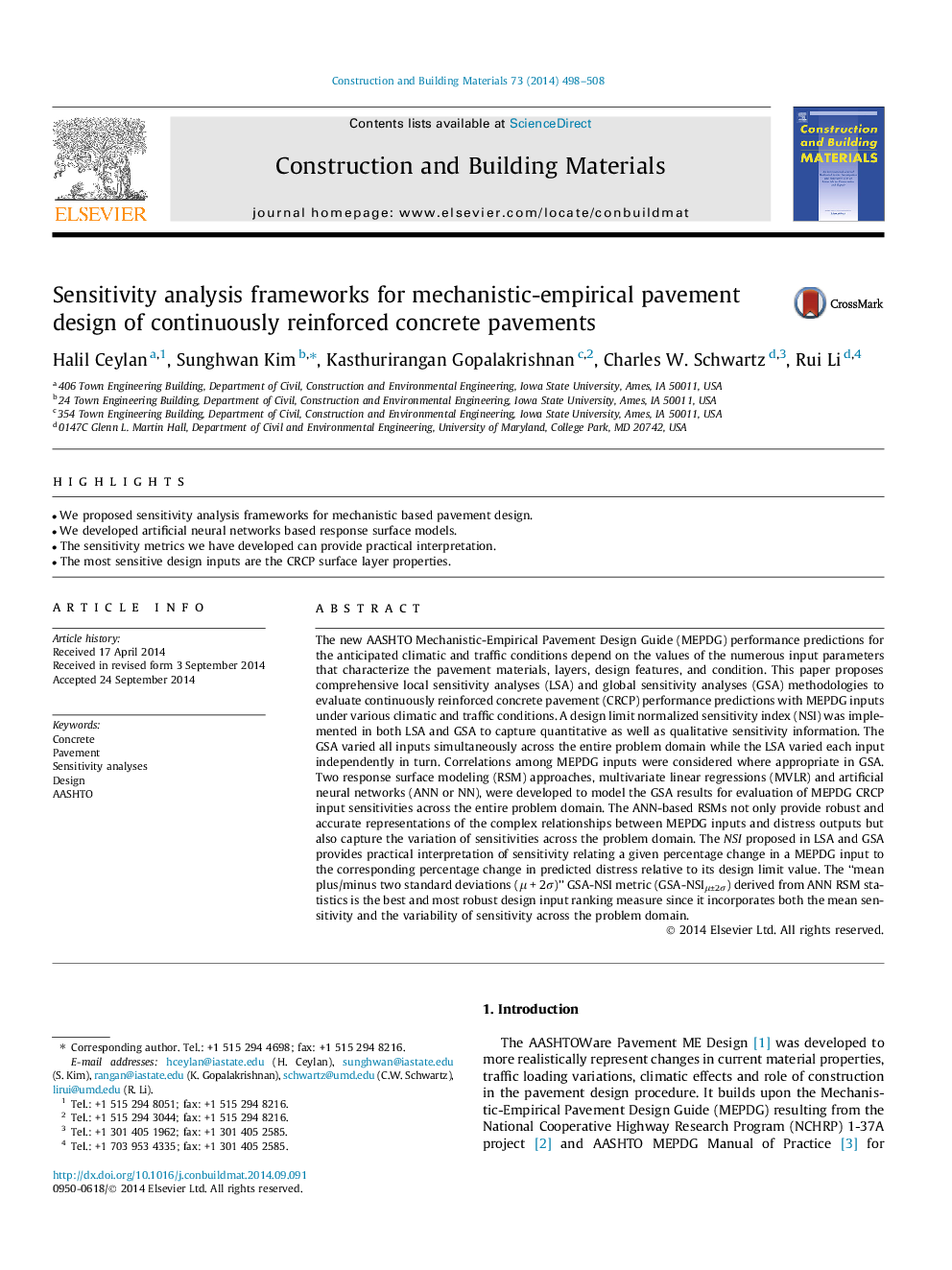 Sensitivity analysis frameworks for mechanistic-empirical pavement design of continuously reinforced concrete pavements