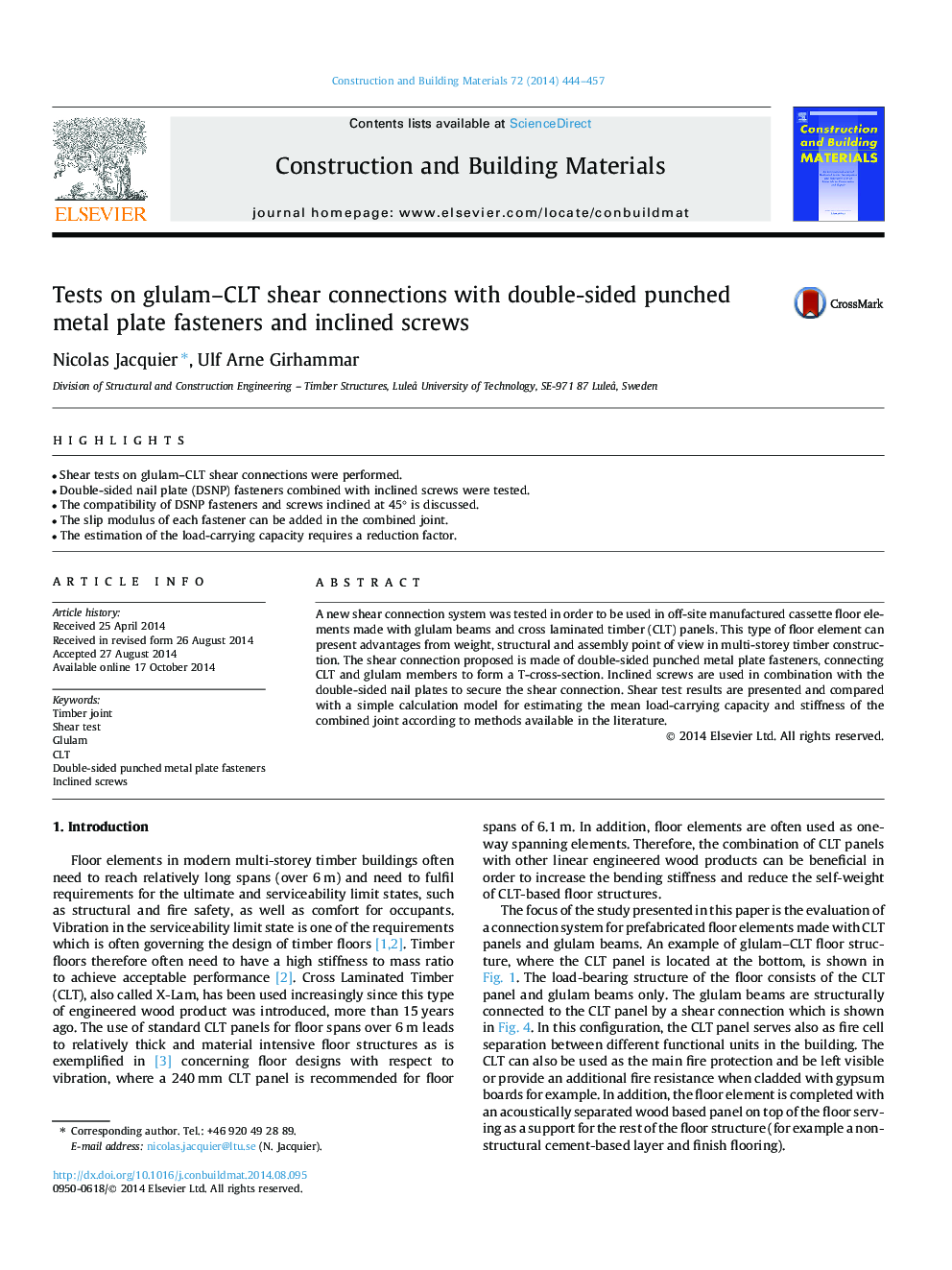 Tests on glulam-CLT shear connections with double-sided punched metal plate fasteners and inclined screws