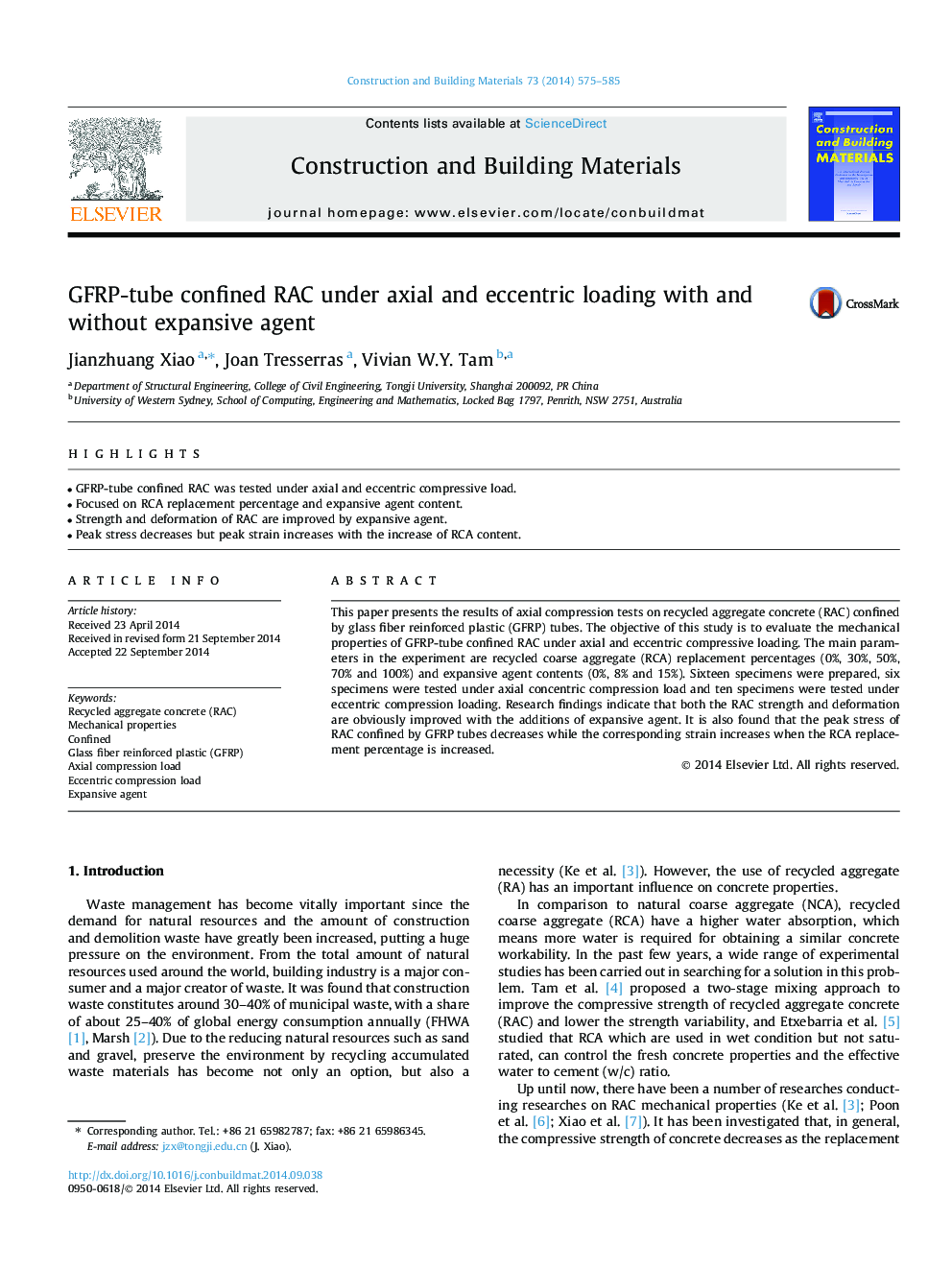 GFRP-tube confined RAC under axial and eccentric loading with and without expansive agent