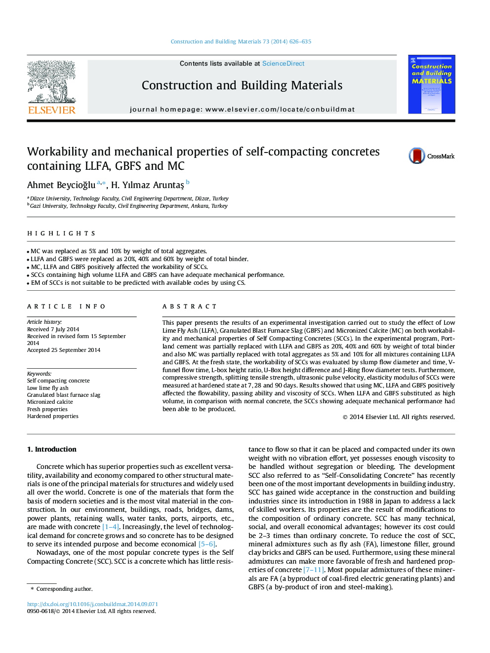 Workability and mechanical properties of self-compacting concretes containing LLFA, GBFS and MC