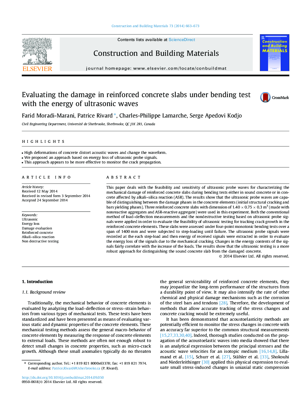 Evaluating the damage in reinforced concrete slabs under bending test with the energy of ultrasonic waves