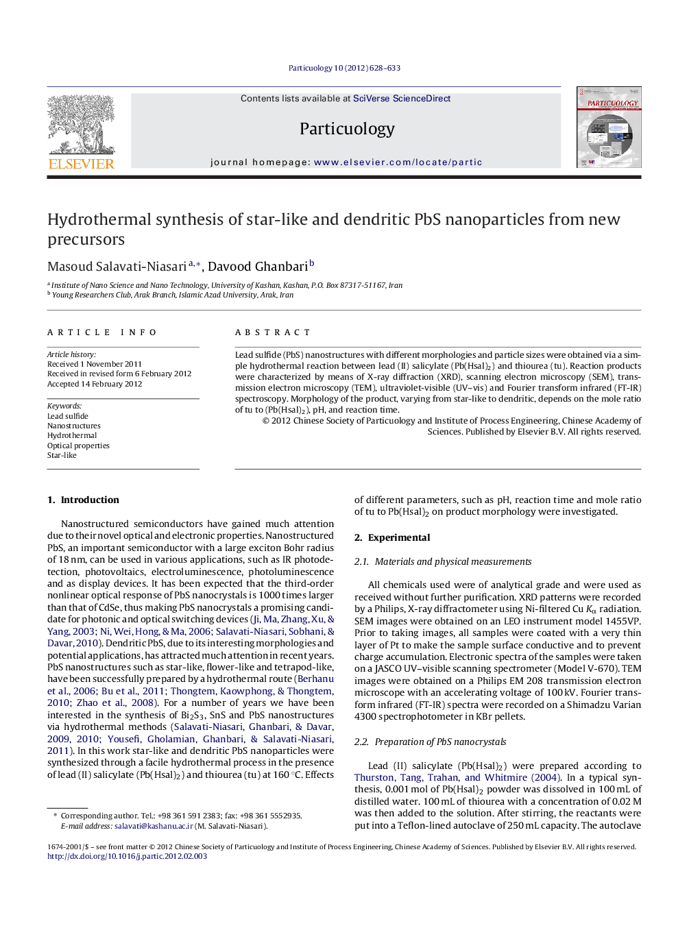 Hydrothermal synthesis of star-like and dendritic PbS nanoparticles from new precursors