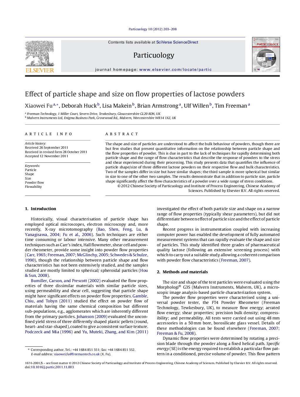 Effect of particle shape and size on flow properties of lactose powders