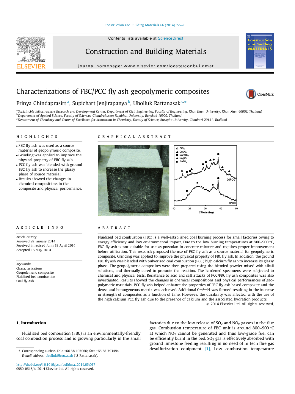 Characterizations of FBC/PCC fly ash geopolymeric composites