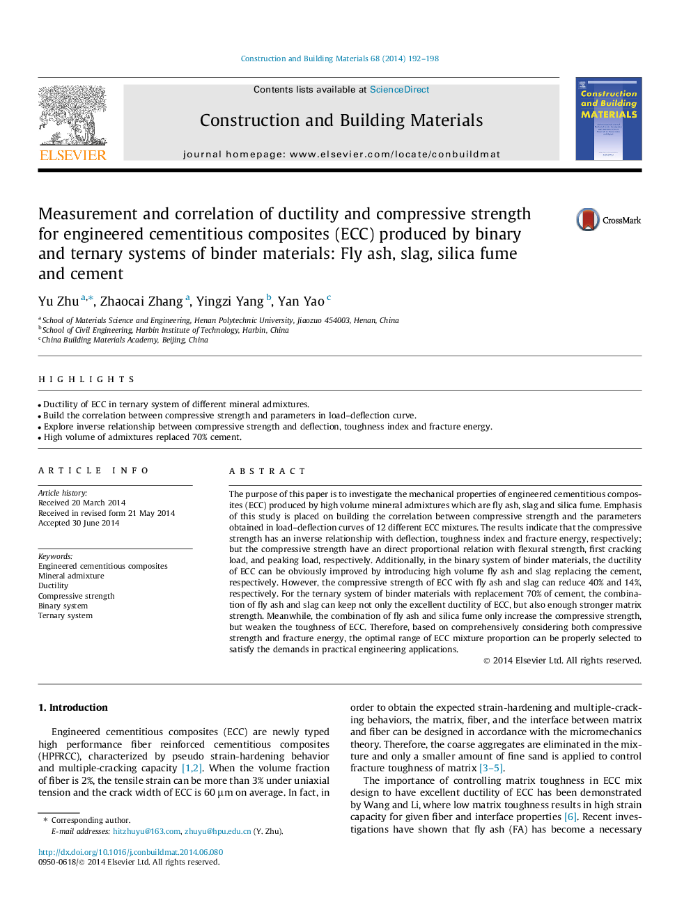 Measurement and correlation of ductility and compressive strength for engineered cementitious composites (ECC) produced by binary and ternary systems of binder materials: Fly ash, slag, silica fume and cement