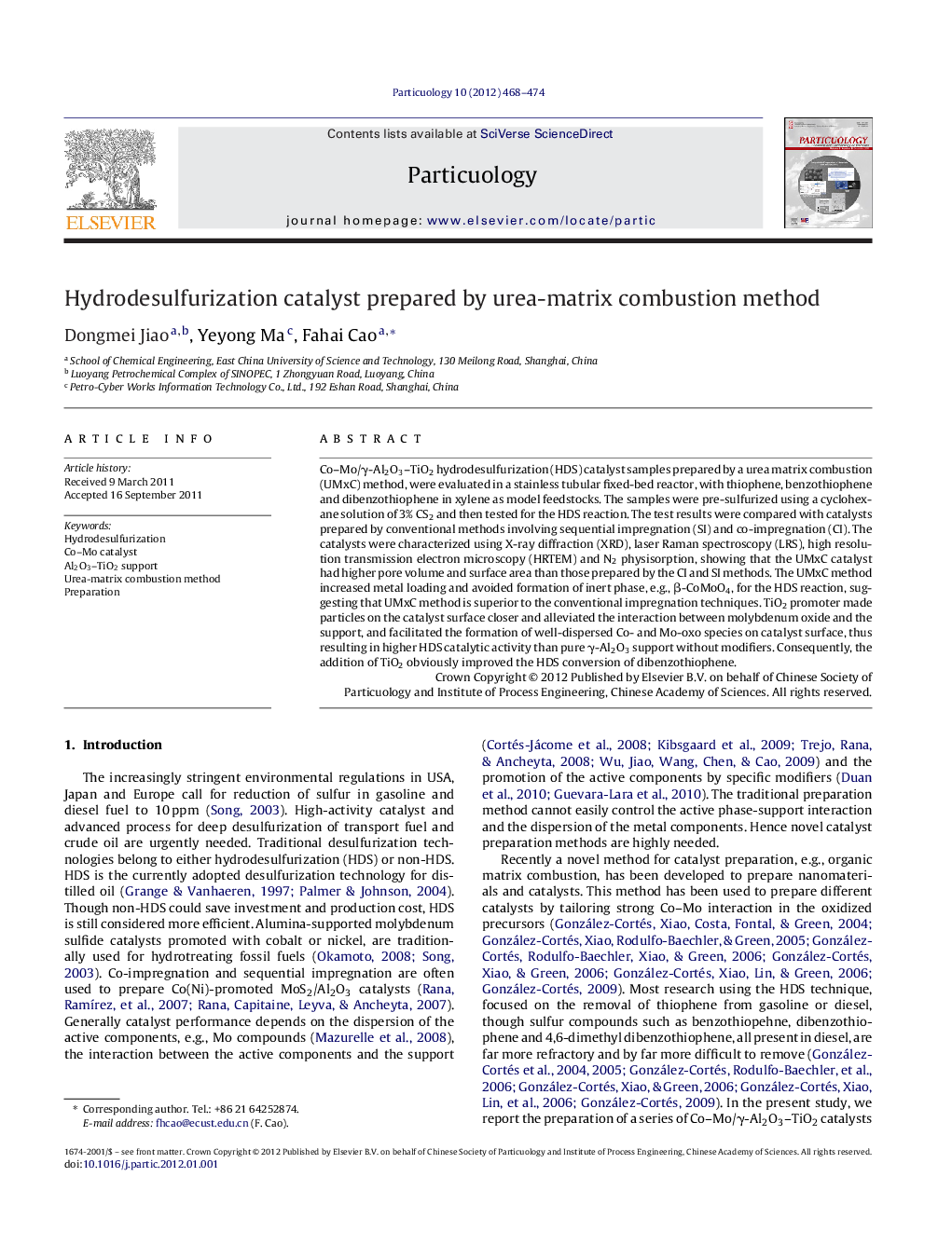 Hydrodesulfurization catalyst prepared by urea-matrix combustion method