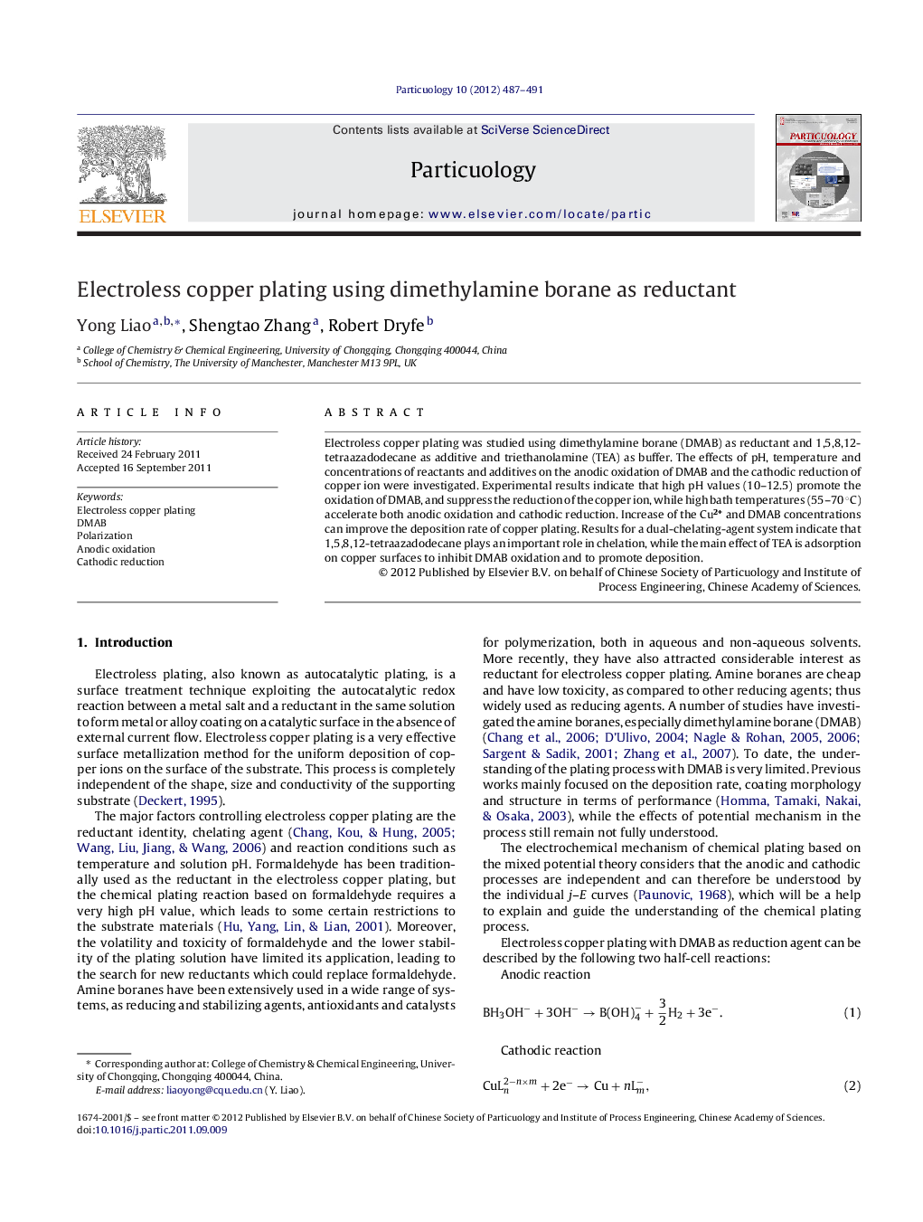 Electroless copper plating using dimethylamine borane as reductant