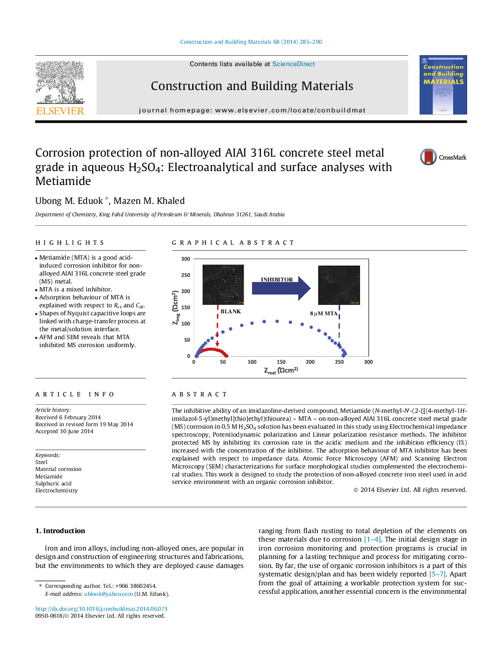 Corrosion protection of non-alloyed AIAI 316L concrete steel metal grade in aqueous H2SO4: Electroanalytical and surface analyses with Metiamide