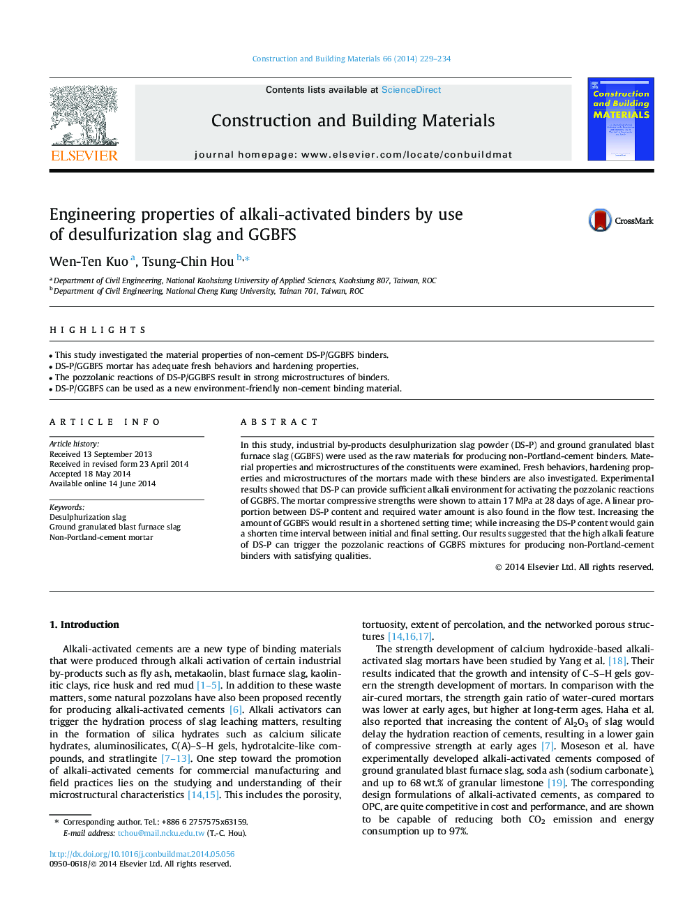 Engineering properties of alkali-activated binders by use of desulfurization slag and GGBFS