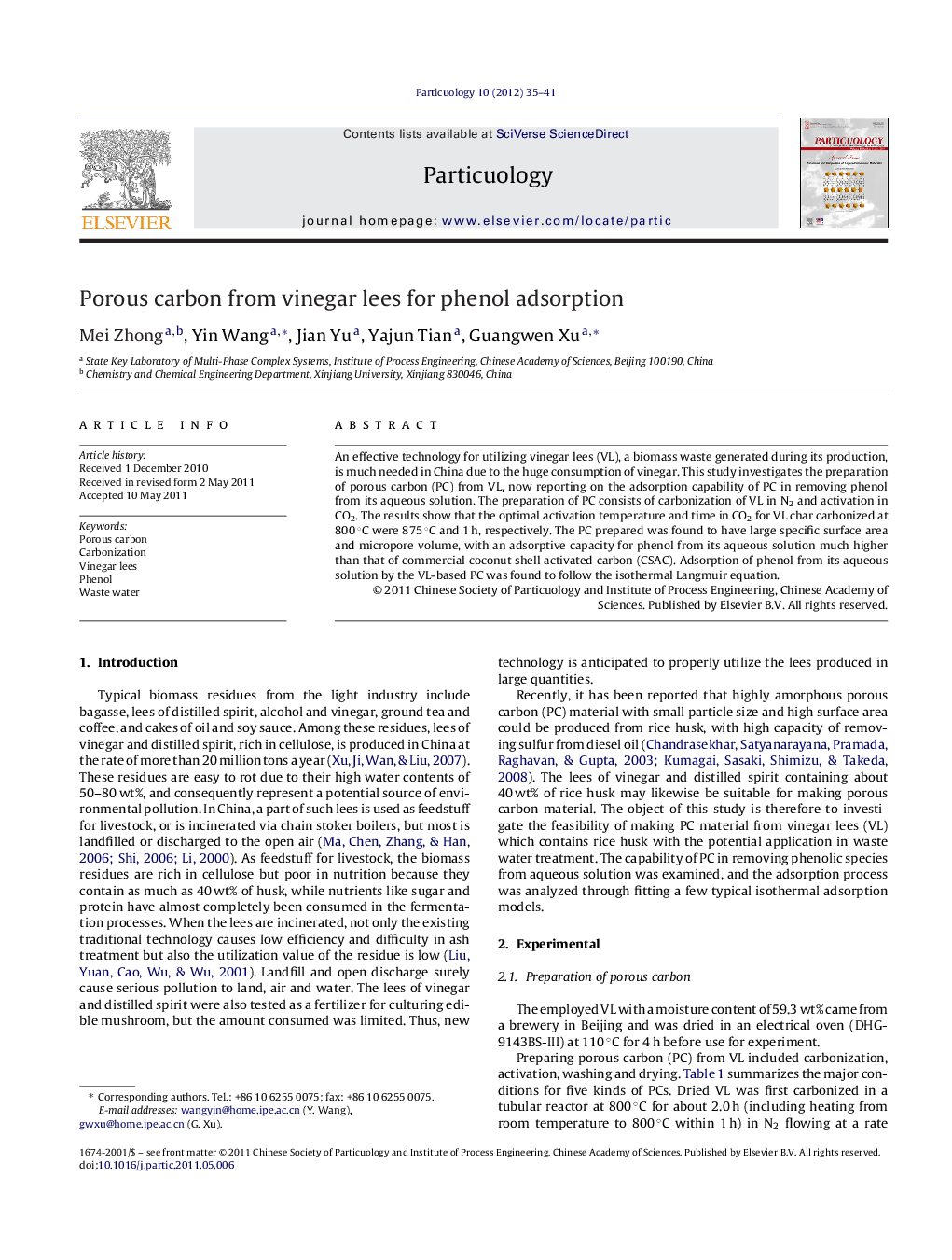 Porous carbon from vinegar lees for phenol adsorption