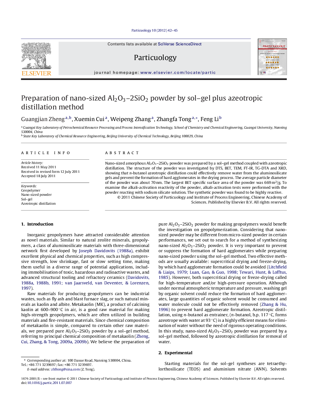 Preparation of nano-sized Al2O3–2SiO2 powder by sol–gel plus azeotropic distillation method