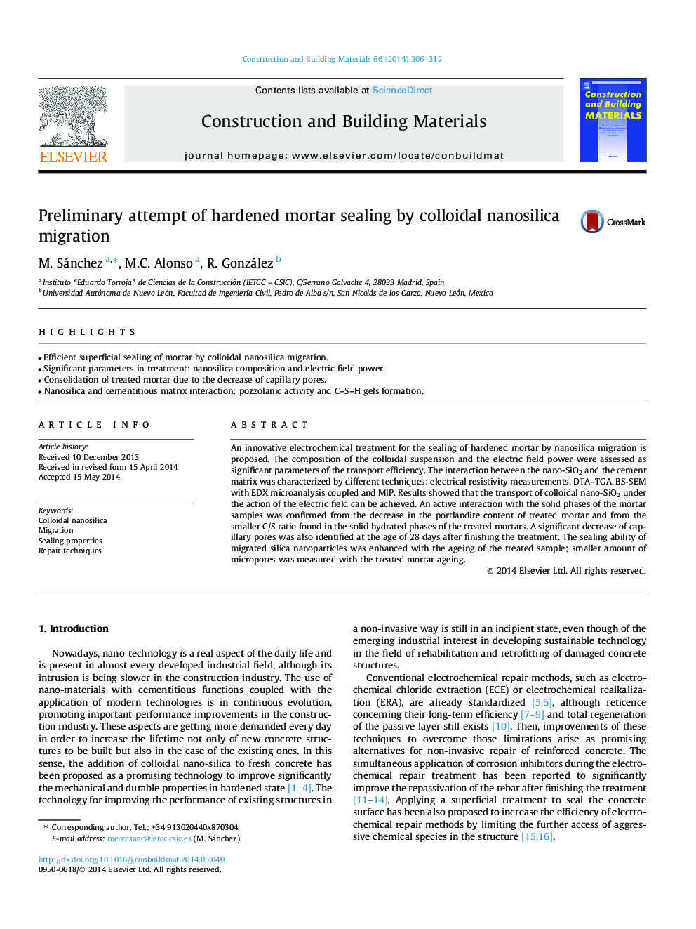 Preliminary attempt of hardened mortar sealing by colloidal nanosilica migration