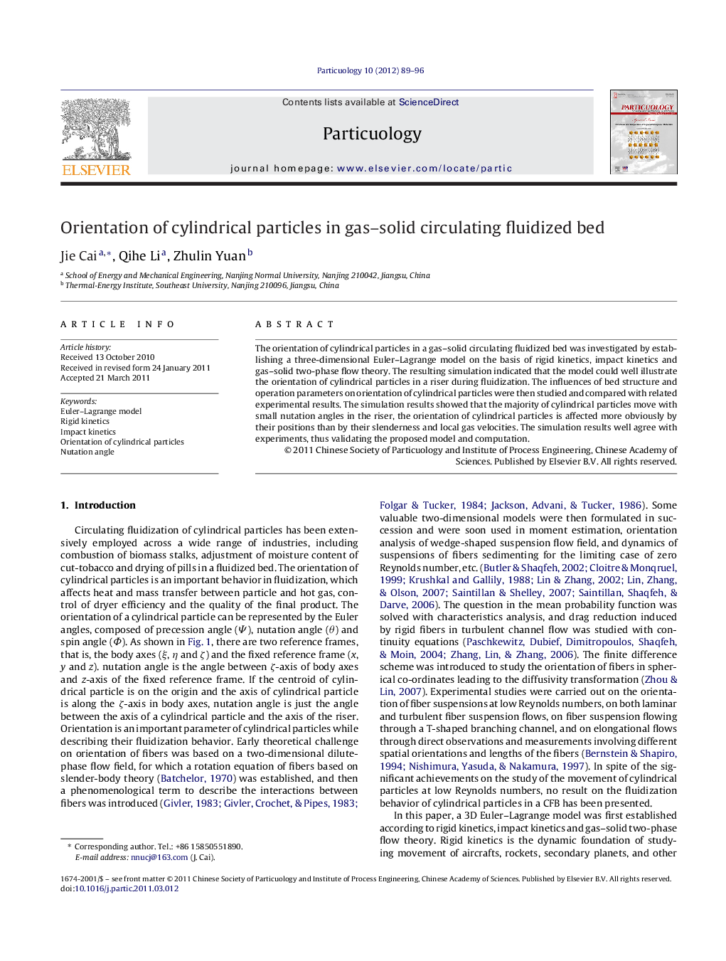 Orientation of cylindrical particles in gas–solid circulating fluidized bed