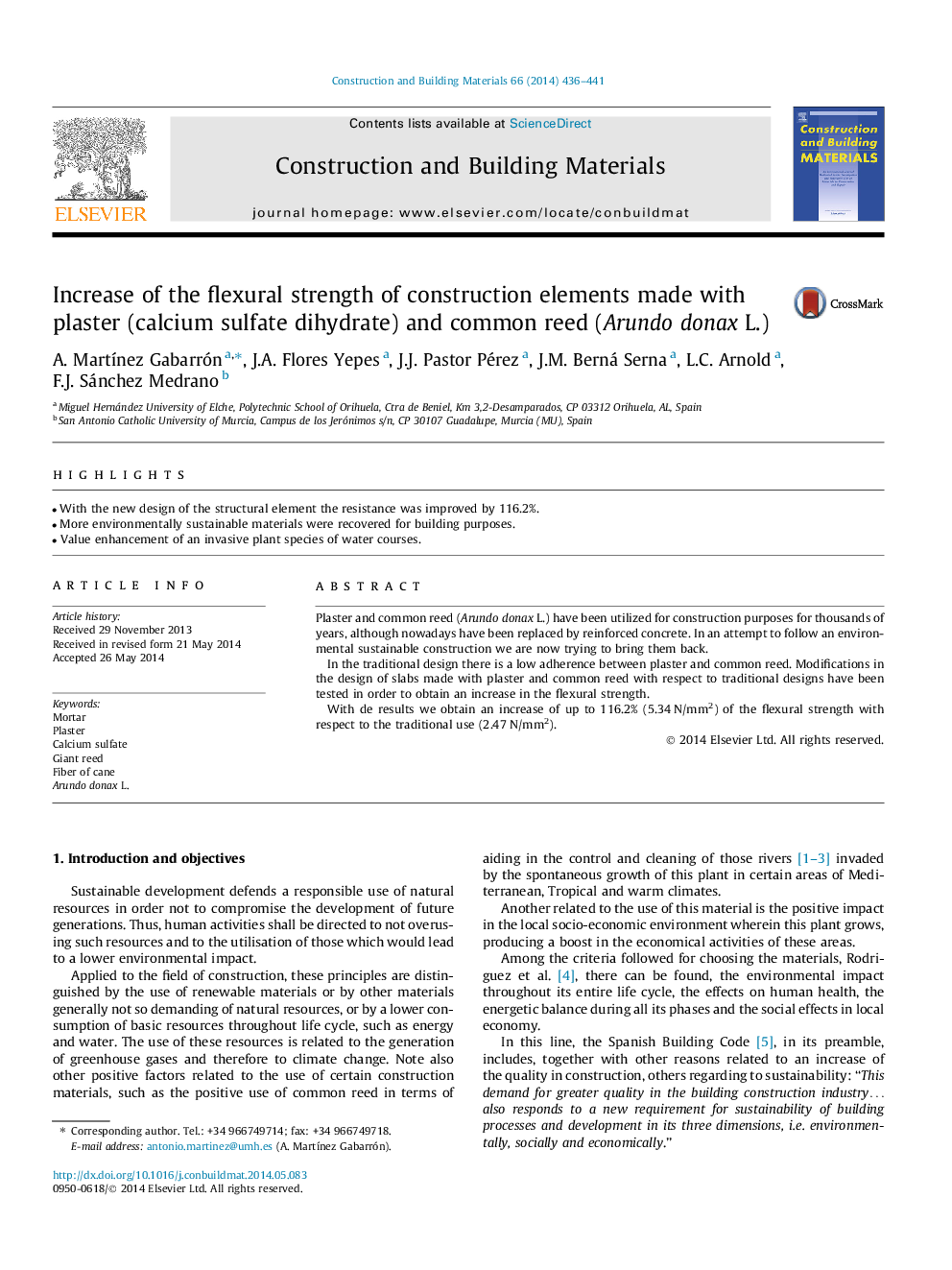 Increase of the flexural strength of construction elements made with plaster (calcium sulfate dihydrate) and common reed (Arundo donax L.)