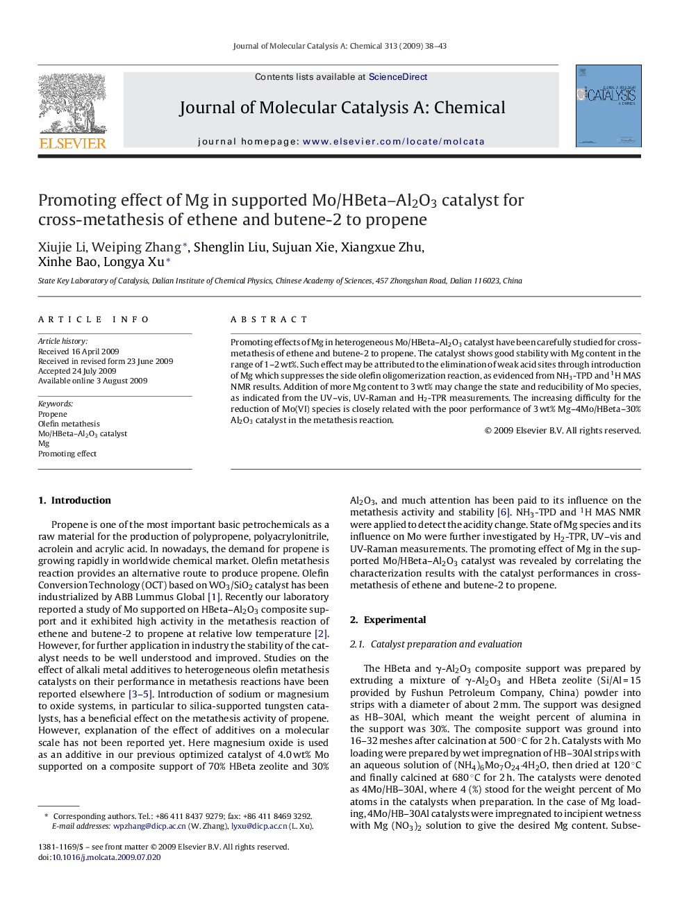 Promoting effect of Mg in supported Mo/HBeta–Al2O3 catalyst for cross-metathesis of ethene and butene-2 to propene