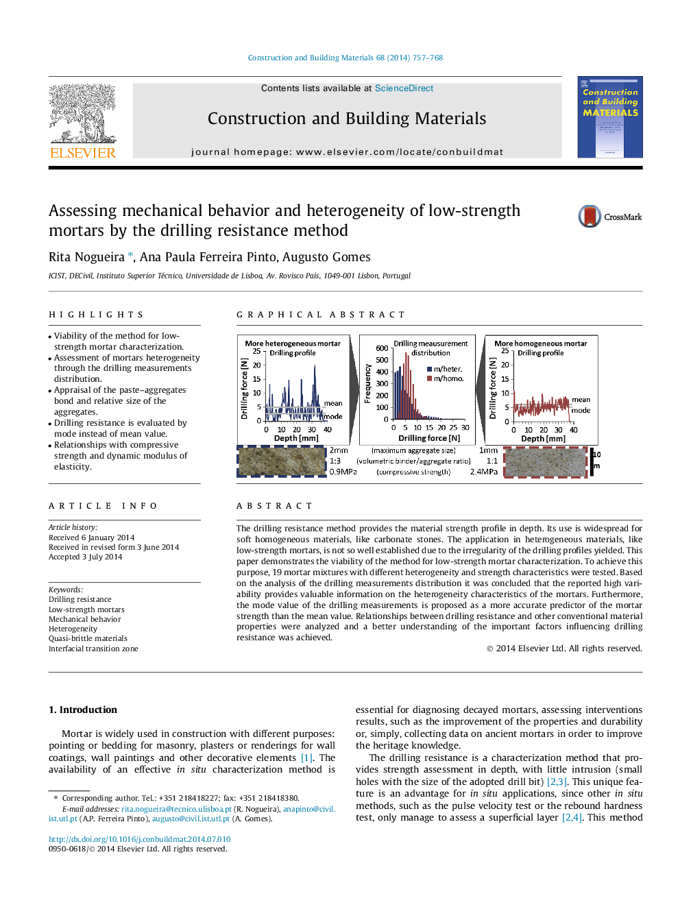 Assessing mechanical behavior and heterogeneity of low-strength mortars by the drilling resistance method