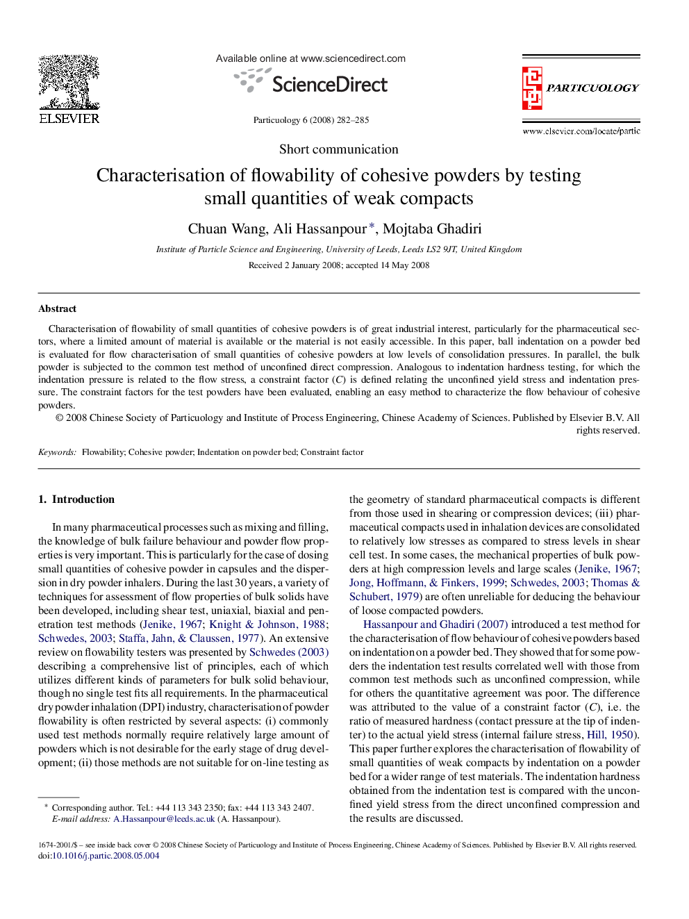 Characterisation of flowability of cohesive powders by testing small quantities of weak compacts