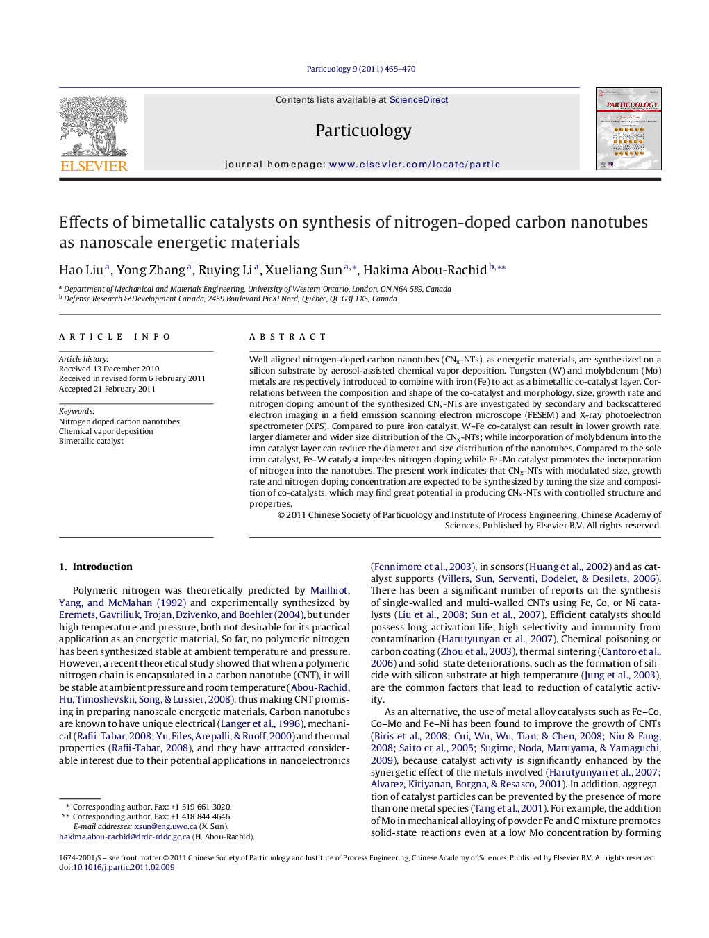 Effects of bimetallic catalysts on synthesis of nitrogen-doped carbon nanotubes as nanoscale energetic materials