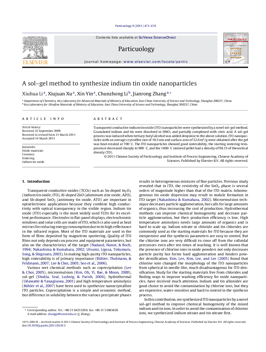 A sol–gel method to synthesize indium tin oxide nanoparticles