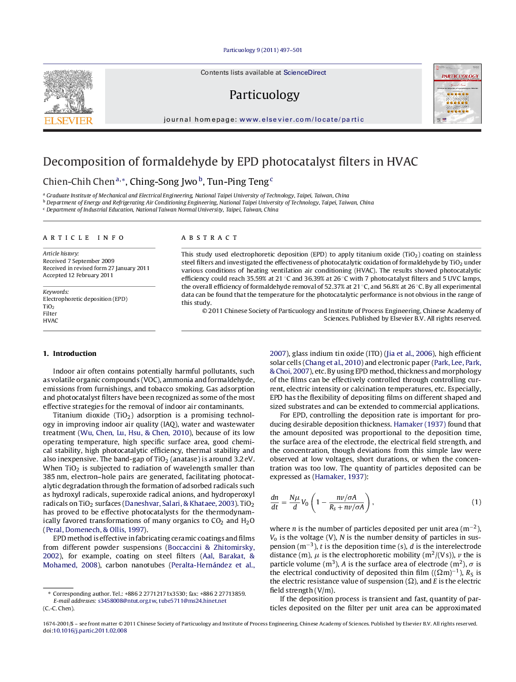 Decomposition of formaldehyde by EPD photocatalyst filters in HVAC