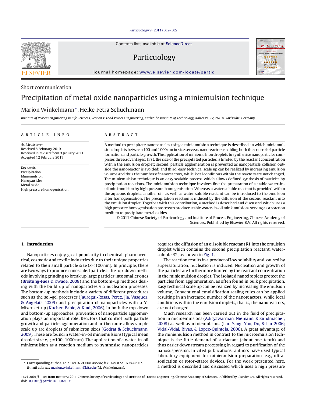 Precipitation of metal oxide nanoparticles using a miniemulsion technique