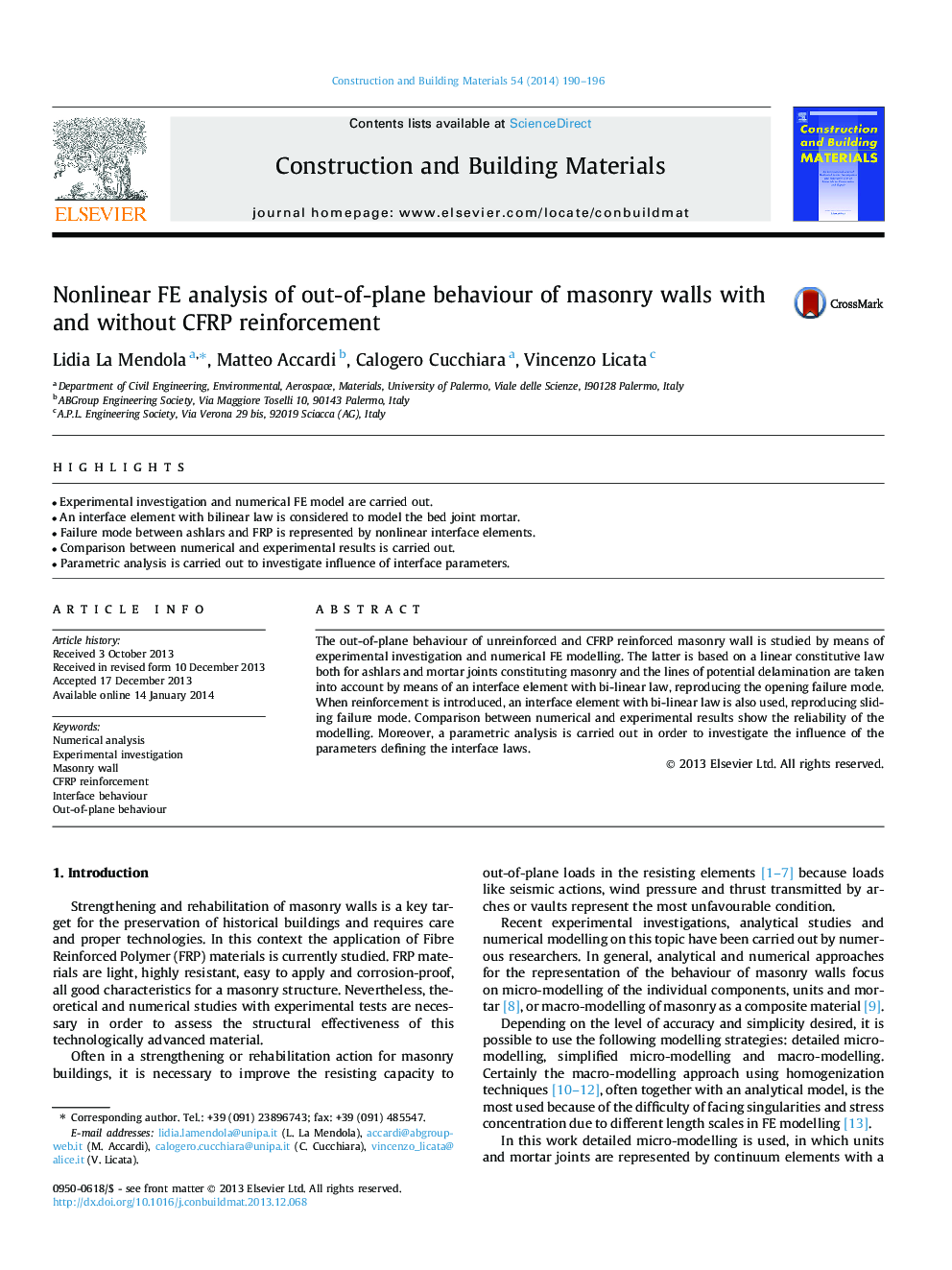 Nonlinear FE analysis of out-of-plane behaviour of masonry walls with and without CFRP reinforcement