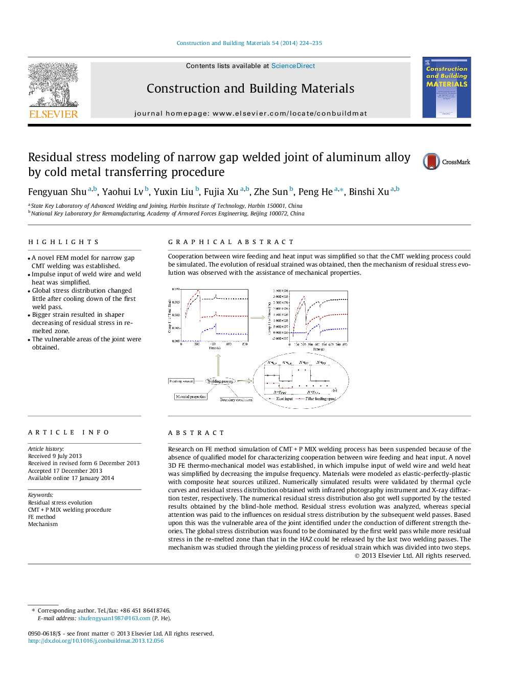 Residual stress modeling of narrow gap welded joint of aluminum alloy by cold metal transferring procedure