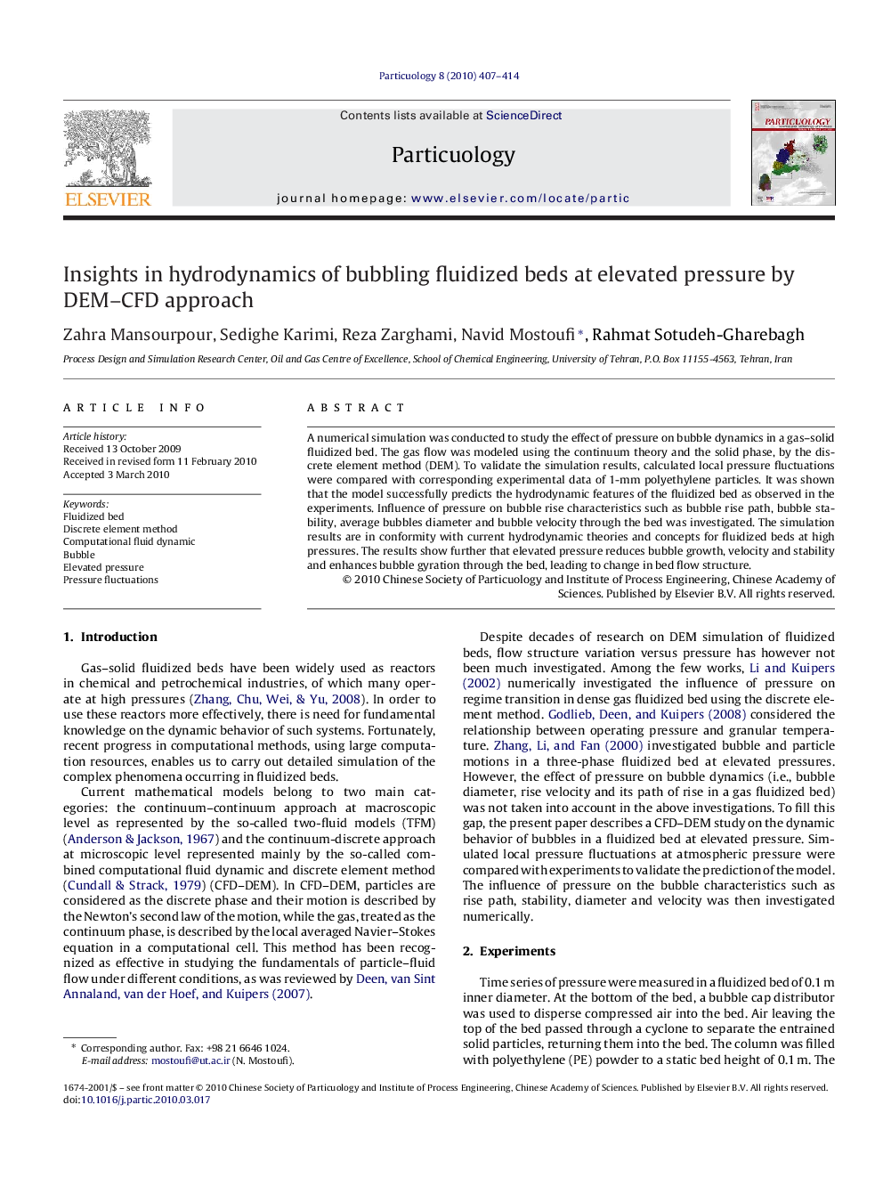 عکس صفحه اول مقاله: Insights in hydrodynamics of bubbling fluidized beds at elevated pressure by DEM–CFD approach Insights in hydrodynamics of bubbling fluidized beds at elevated pressure by DEM–CFD approach
