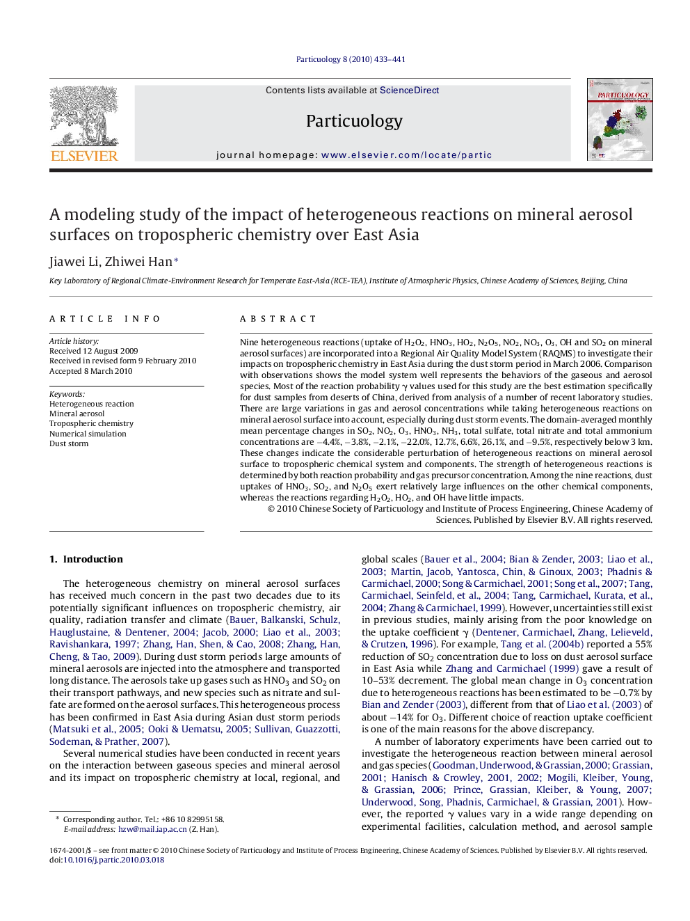 A modeling study of the impact of heterogeneous reactions on mineral aerosol surfaces on tropospheric chemistry over East Asia