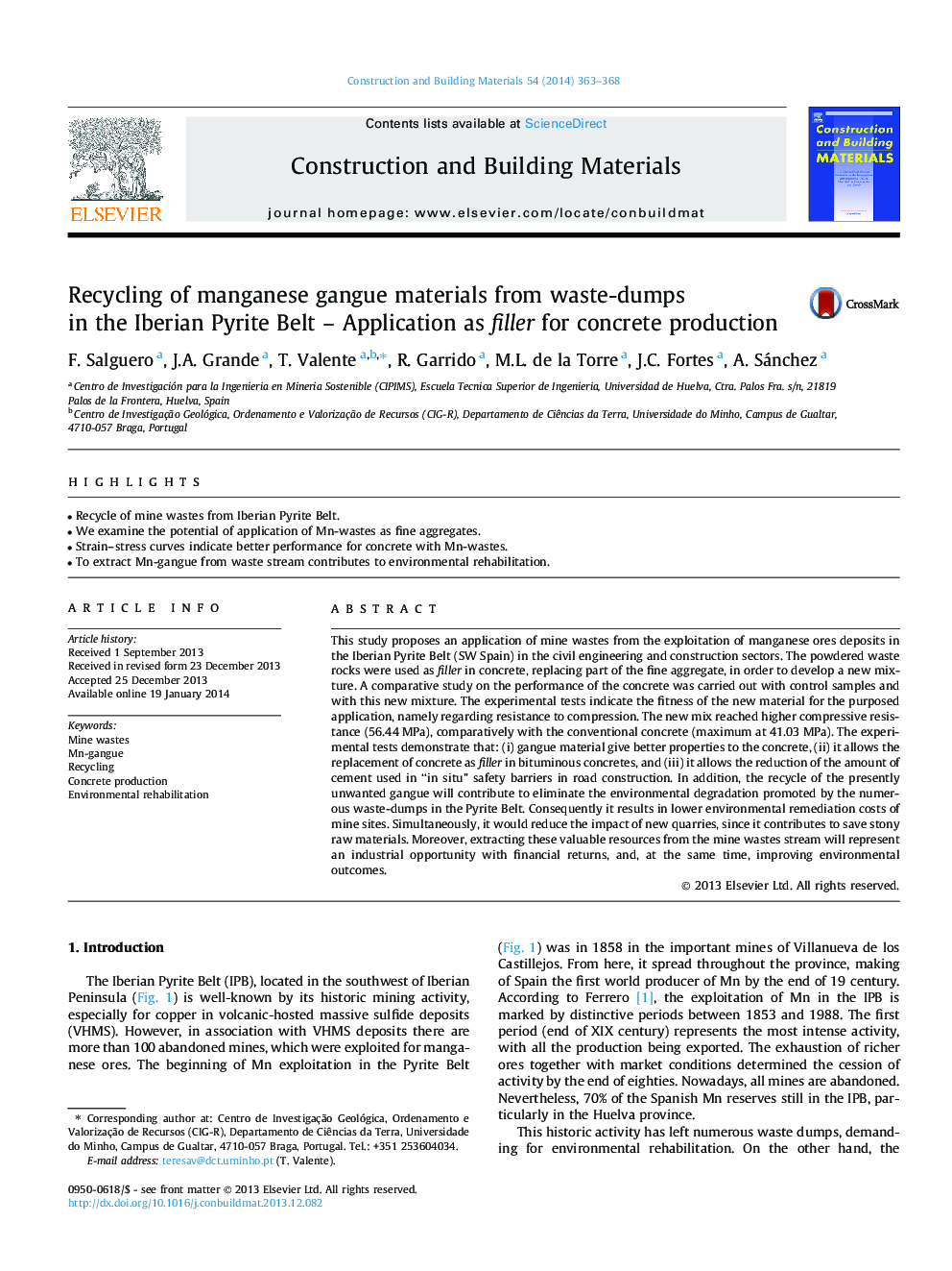 Recycling of manganese gangue materials from waste-dumps in the Iberian Pyrite Belt - Application as filler for concrete production