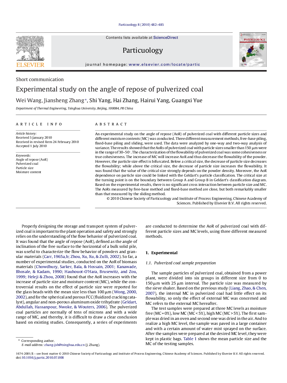 Experimental study on the angle of repose of pulverized coal