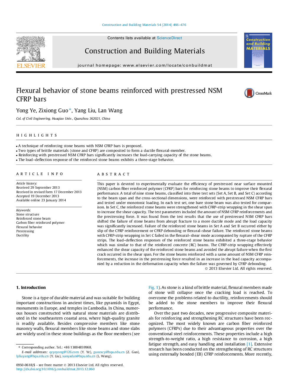 Flexural behavior of stone beams reinforced with prestressed NSM CFRP bars