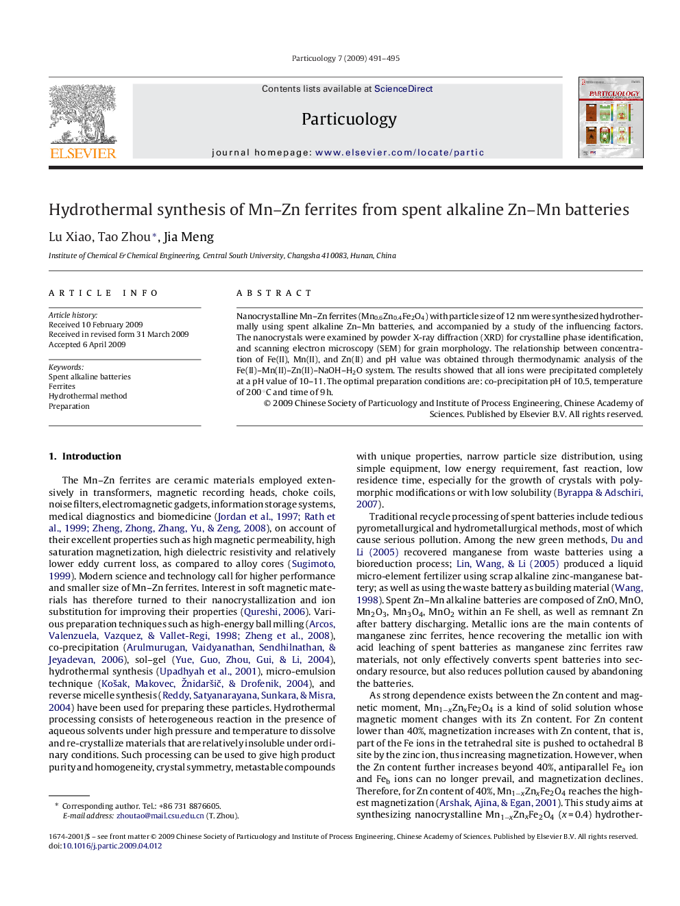 Hydrothermal synthesis of Mn–Zn ferrites from spent alkaline Zn–Mn batteries