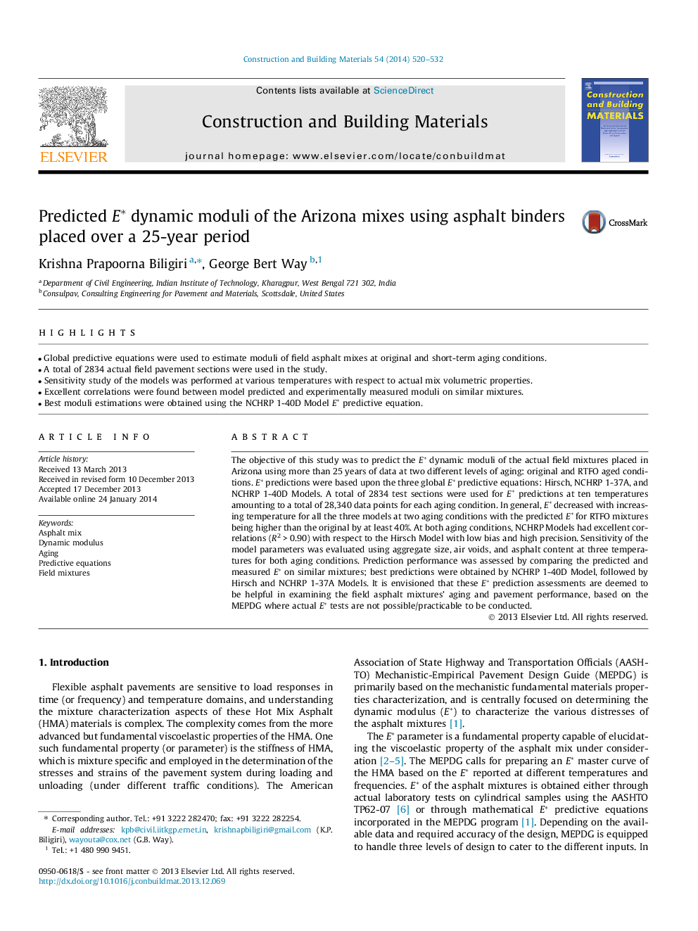 Predicted E* dynamic moduli of the Arizona mixes using asphalt binders placed over a 25-year period