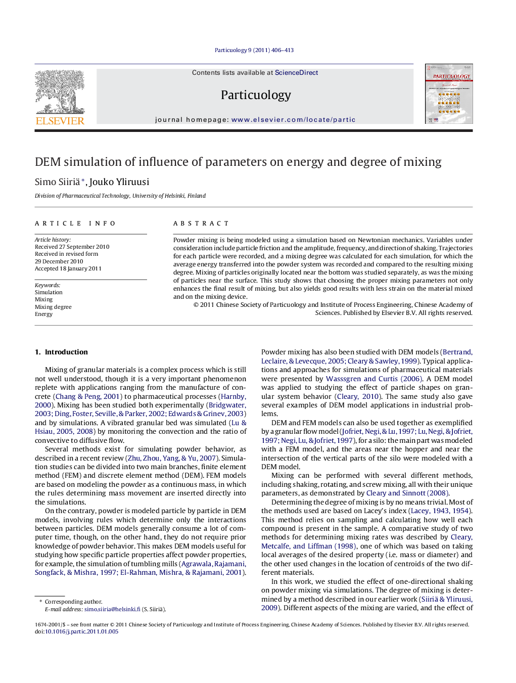 DEM simulation of influence of parameters on energy and degree of mixing