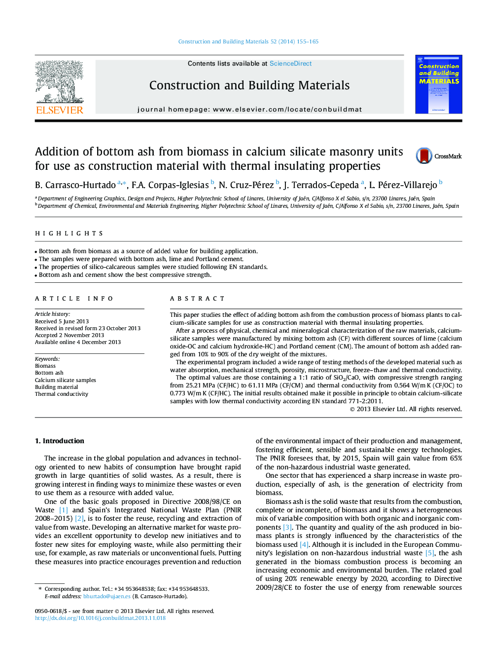 Addition of bottom ash from biomass in calcium silicate masonry units for use as construction material with thermal insulating properties