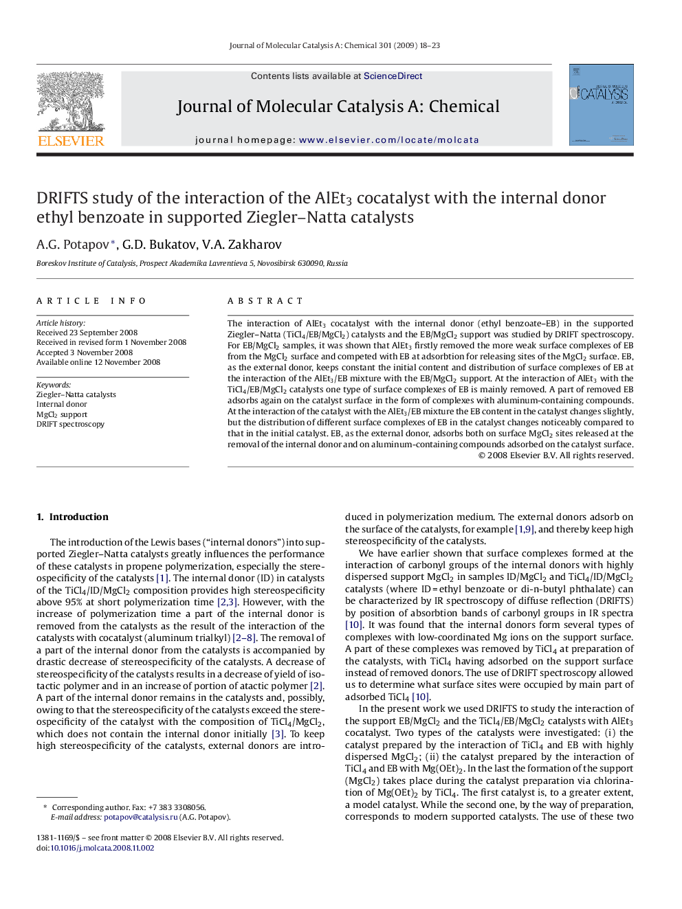 DRIFTS study of the interaction of the AlEt3 cocatalyst with the internal donor ethyl benzoate in supported Ziegler–Natta catalysts