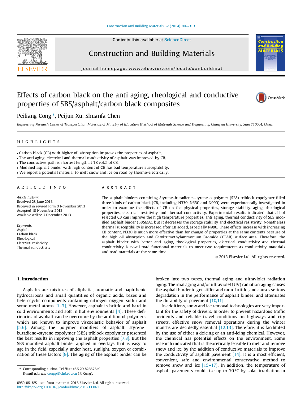 Effects of carbon black on the anti aging, rheological and conductive properties of SBS/asphalt/carbon black composites