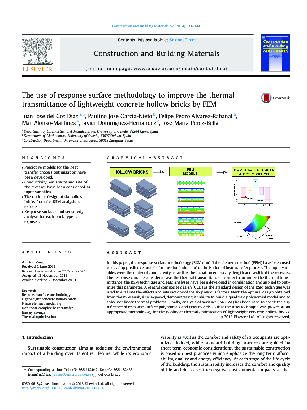 The use of response surface methodology to improve the thermal transmittance of lightweight concrete hollow bricks by FEM