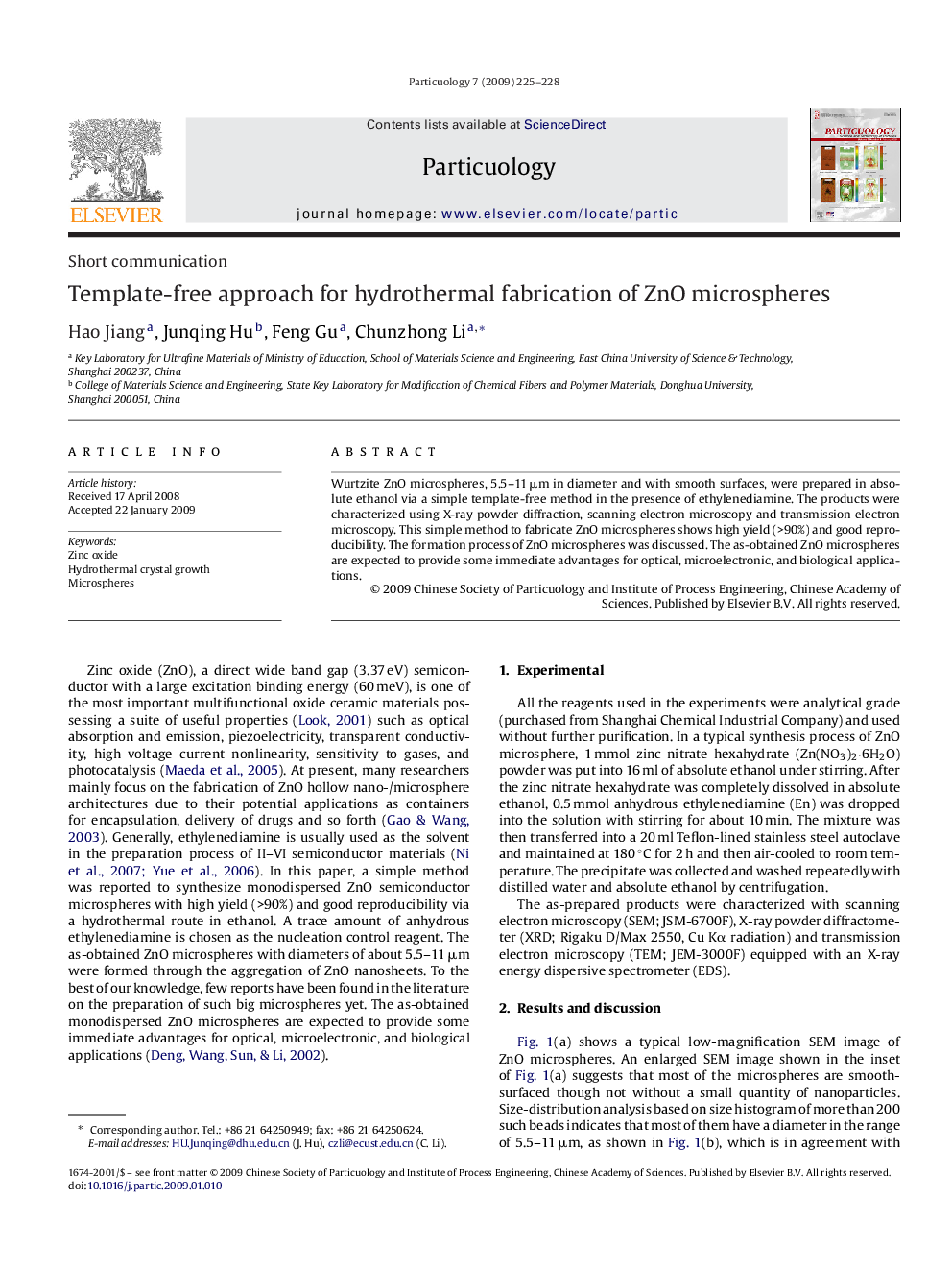 Template-free approach for hydrothermal fabrication of ZnO microspheres