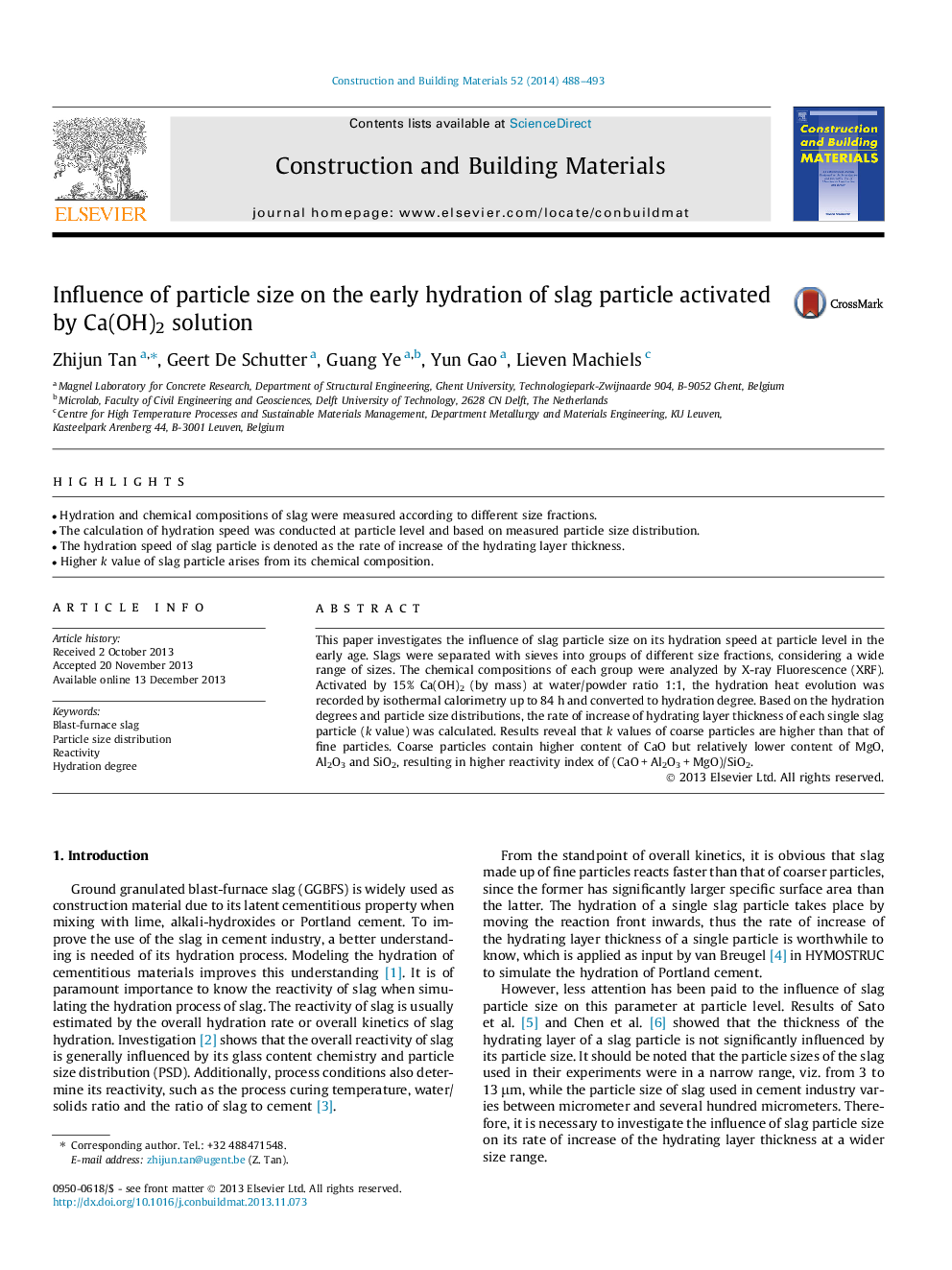 Influence of particle size on the early hydration of slag particle activated by Ca(OH)2 solution