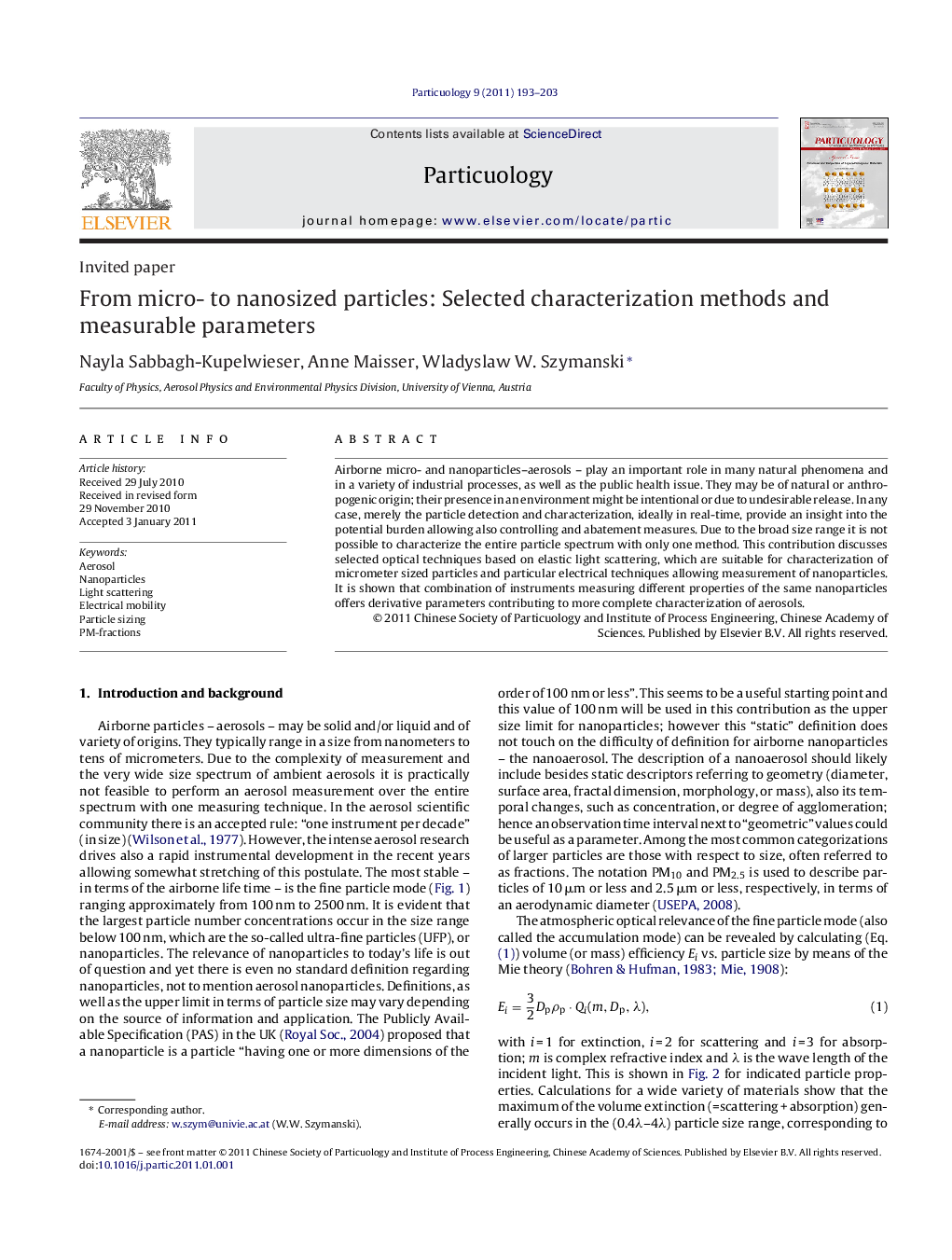 From micro- to nanosized particles: Selected characterization methods and measurable parameters