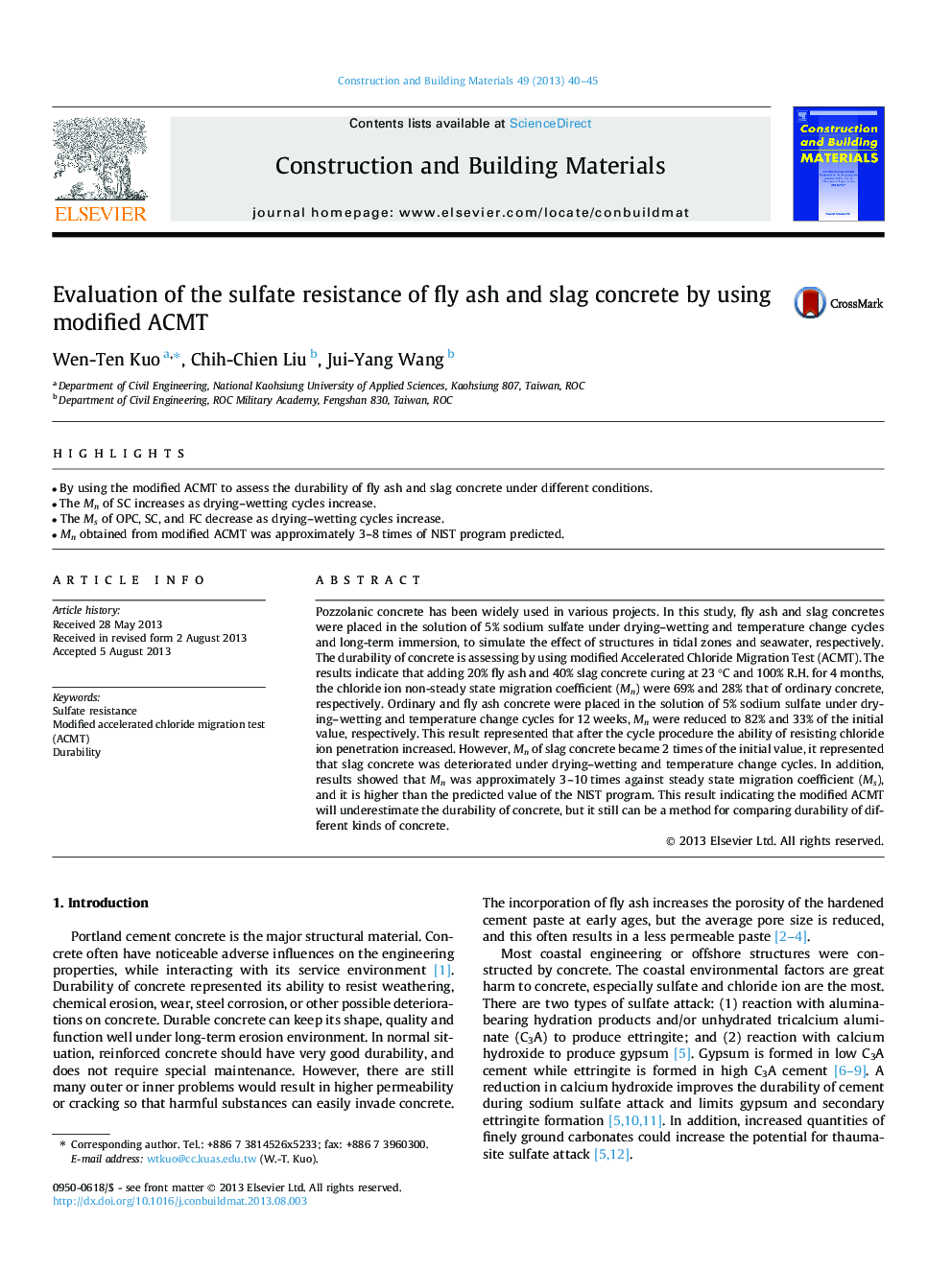 Evaluation of the sulfate resistance of fly ash and slag concrete by using modified ACMT