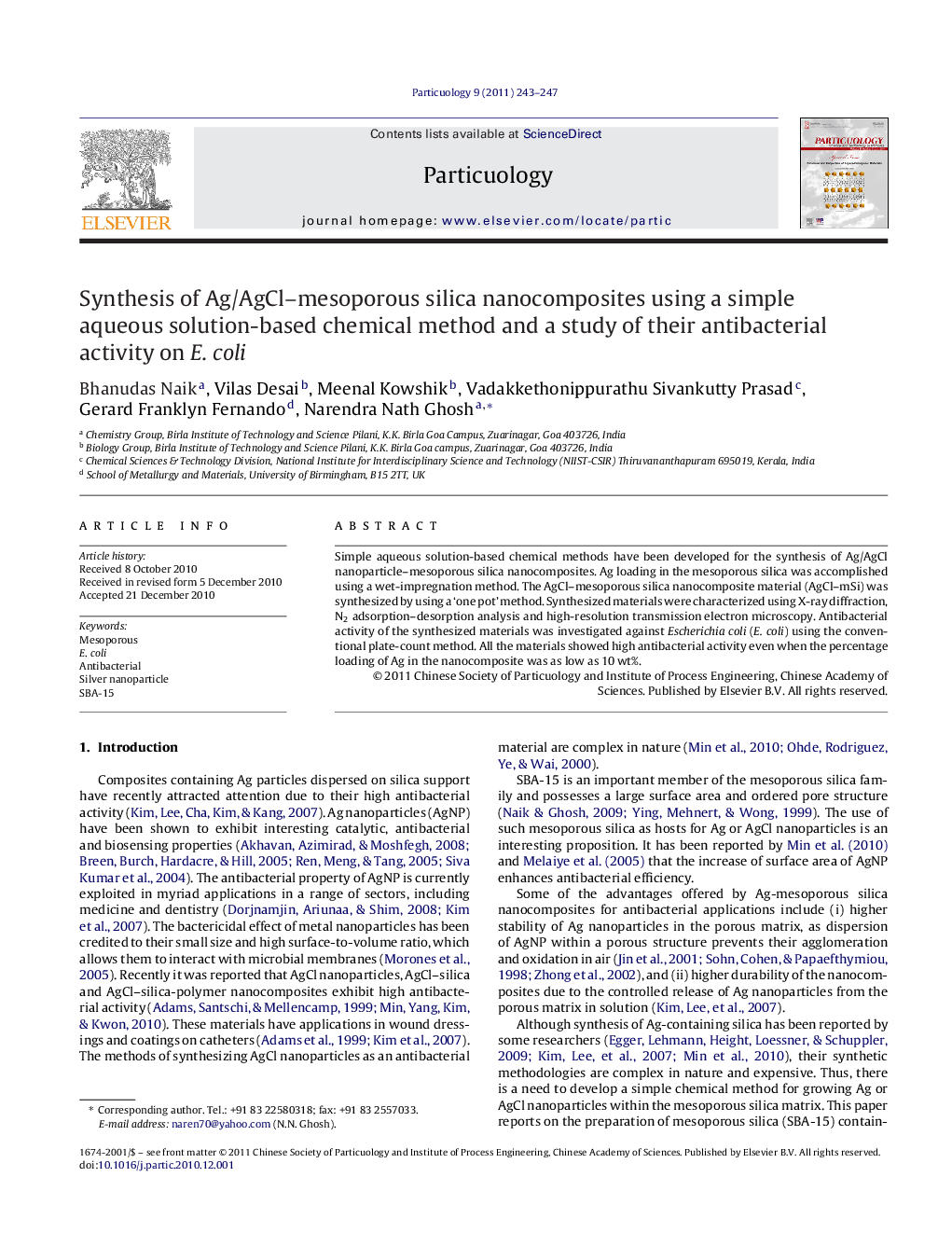 Synthesis of Ag/AgCl-mesoporous silica nanocomposites using a simple aqueous solution-based chemical method and a study of their antibacterial activity on E. coli