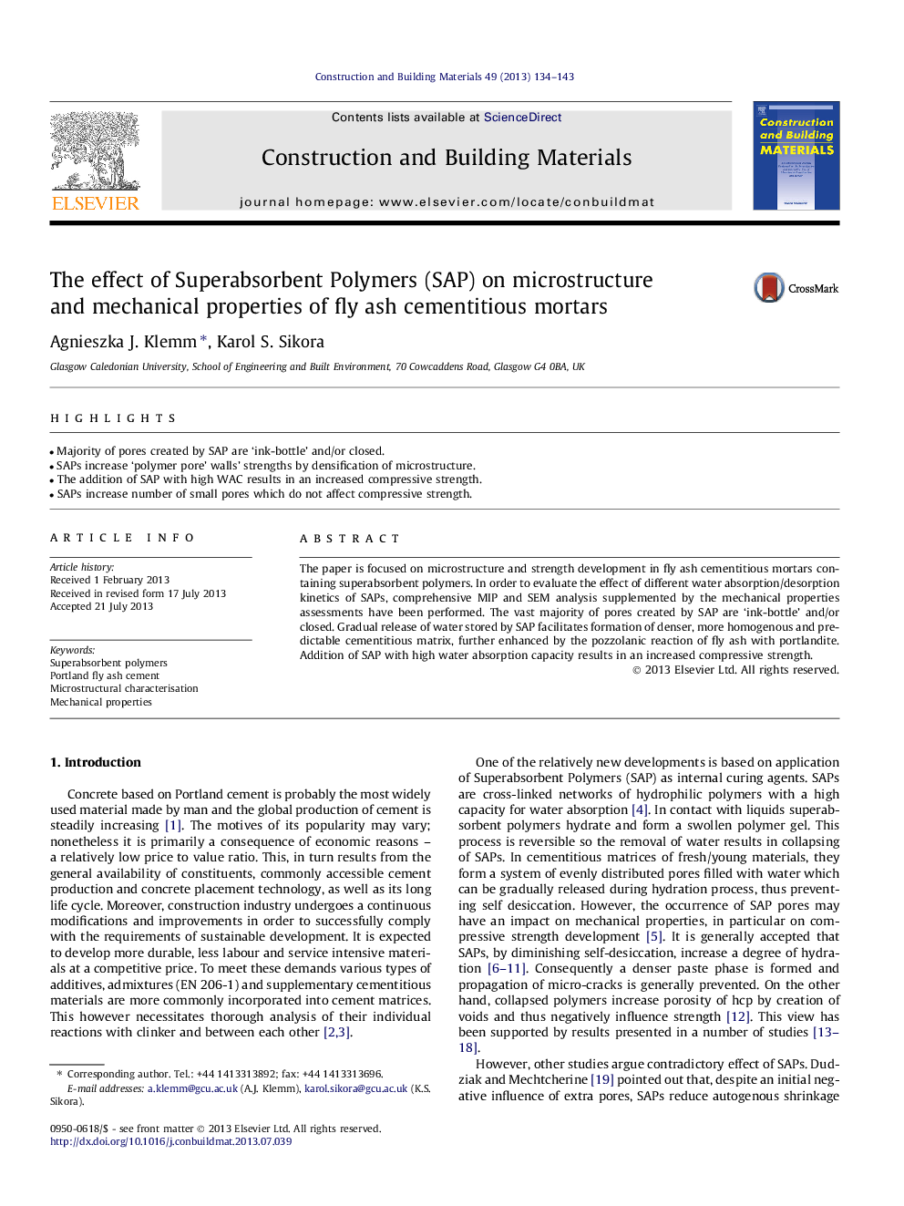 The effect of Superabsorbent Polymers (SAP) on microstructure and mechanical properties of fly ash cementitious mortars