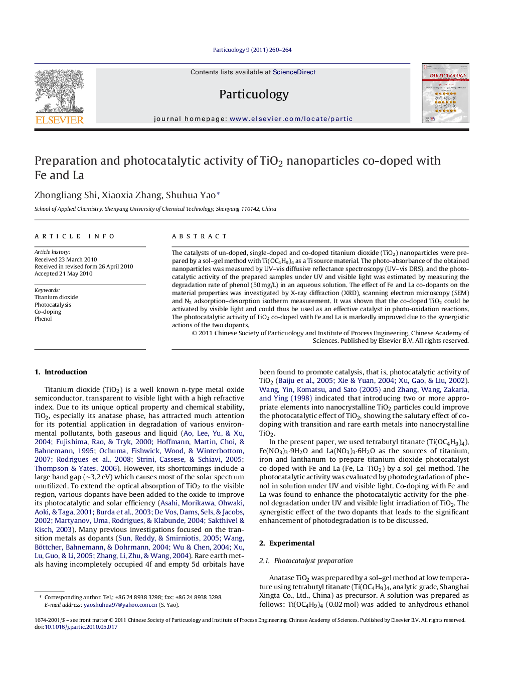 Preparation and photocatalytic activity of TiO2 nanoparticles co-doped with Fe and La