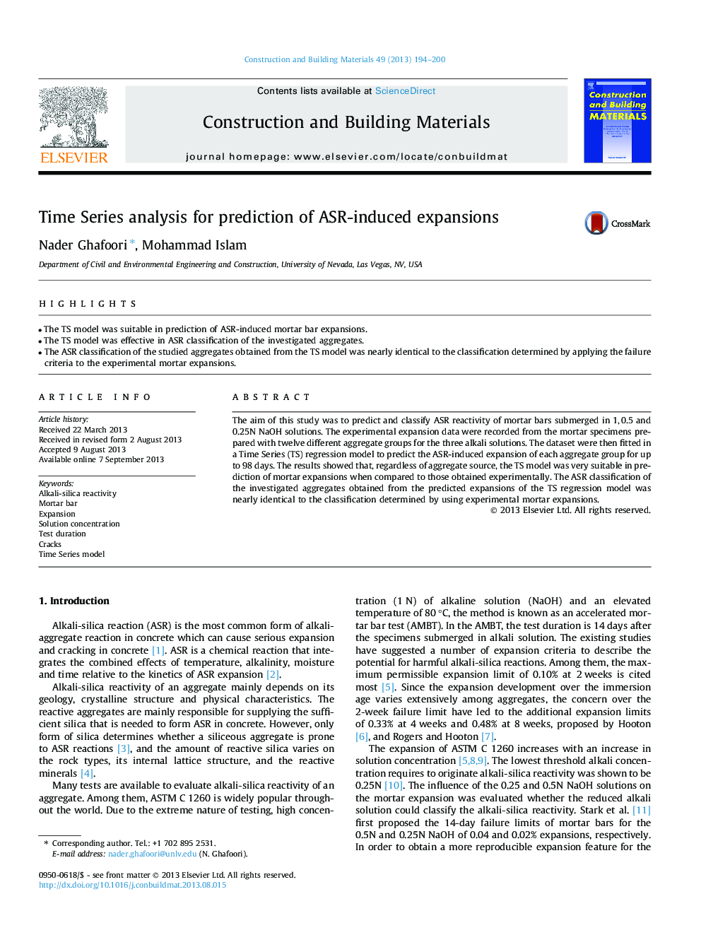 Time Series analysis for prediction of ASR-induced expansions