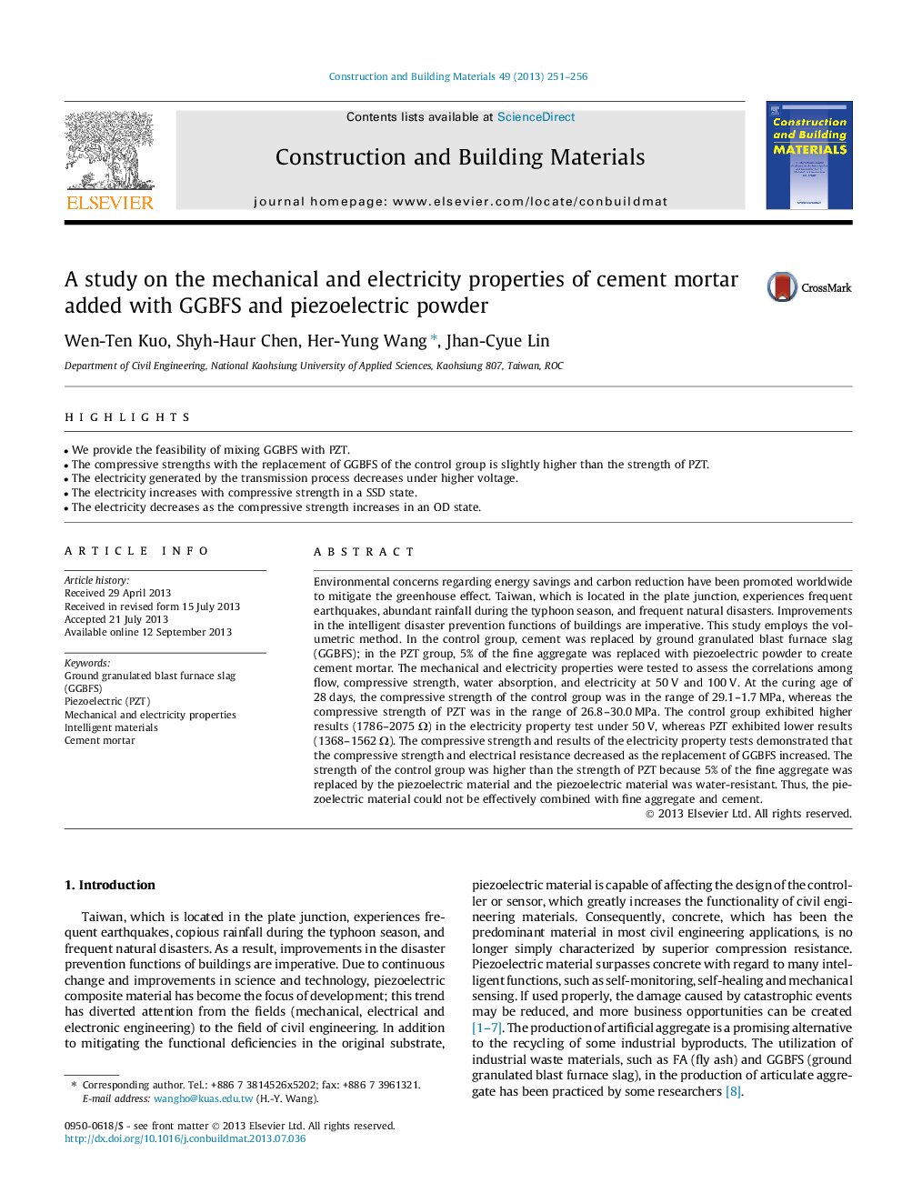 A study on the mechanical and electricity properties of cement mortar added with GGBFS and piezoelectric powder