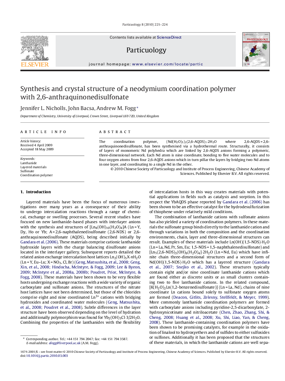 Synthesis and crystal structure of a neodymium coordination polymer with 2,6-anthraquinonedisulfonate